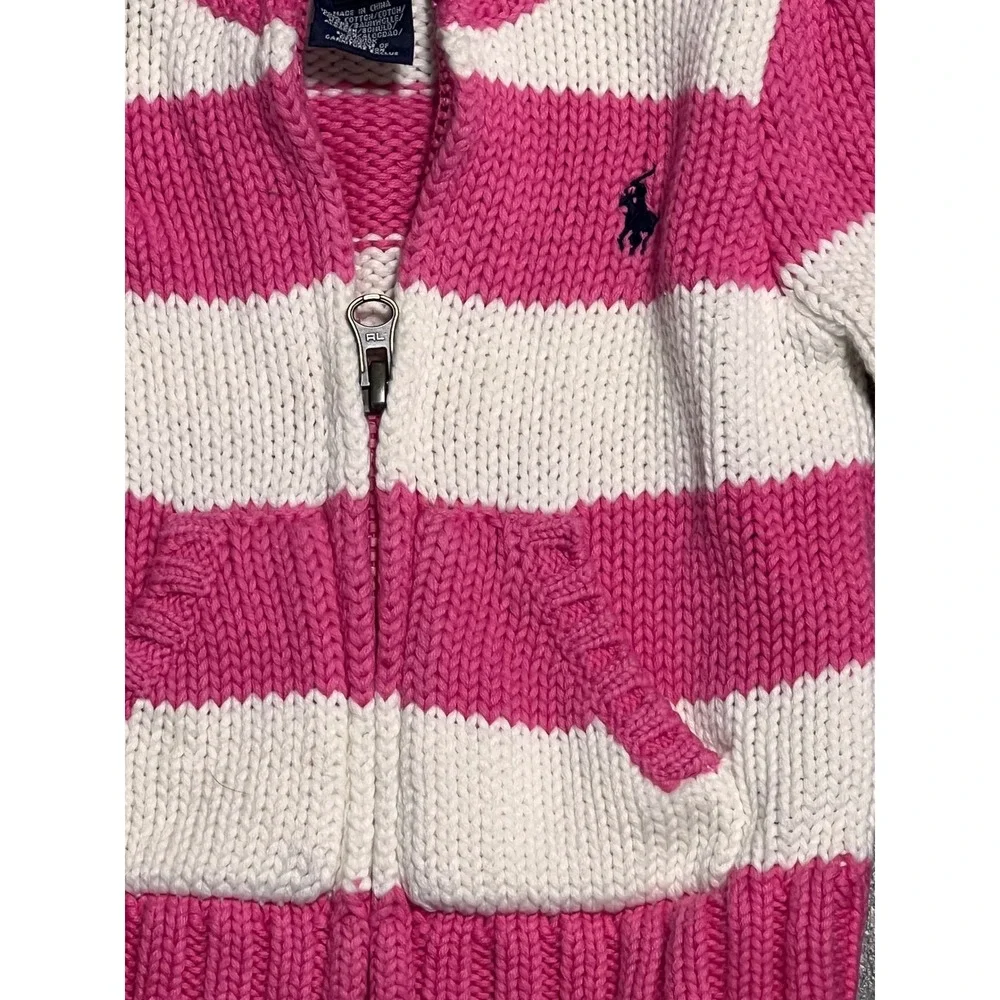 Ralph Lauren Baby Girls Pink White‎ Stripe Knit Zipper Hoodie Sweater 18M